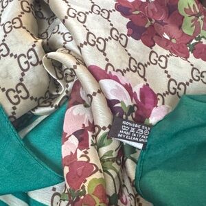Gucci Silk Scarf with Floral and Logo Pattern